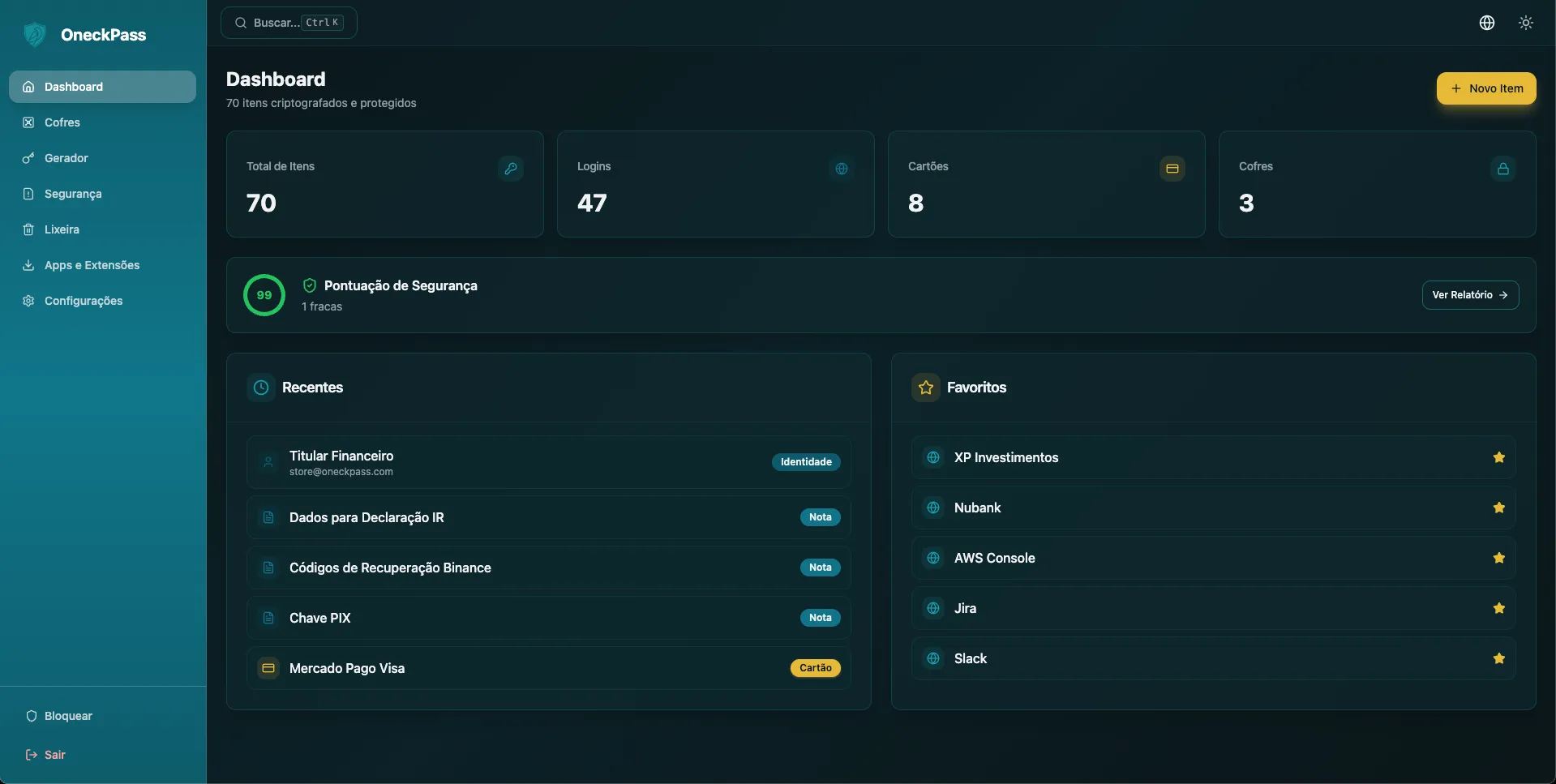 Dashboard do OneckPass — gerenciador de senhas com criptografia zero-knowledge
